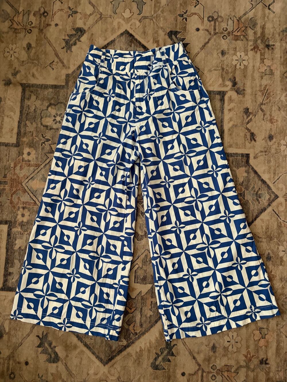 Free People Wide Leg Pants Womens 4 Blue White Geometric Tile Print High Rise